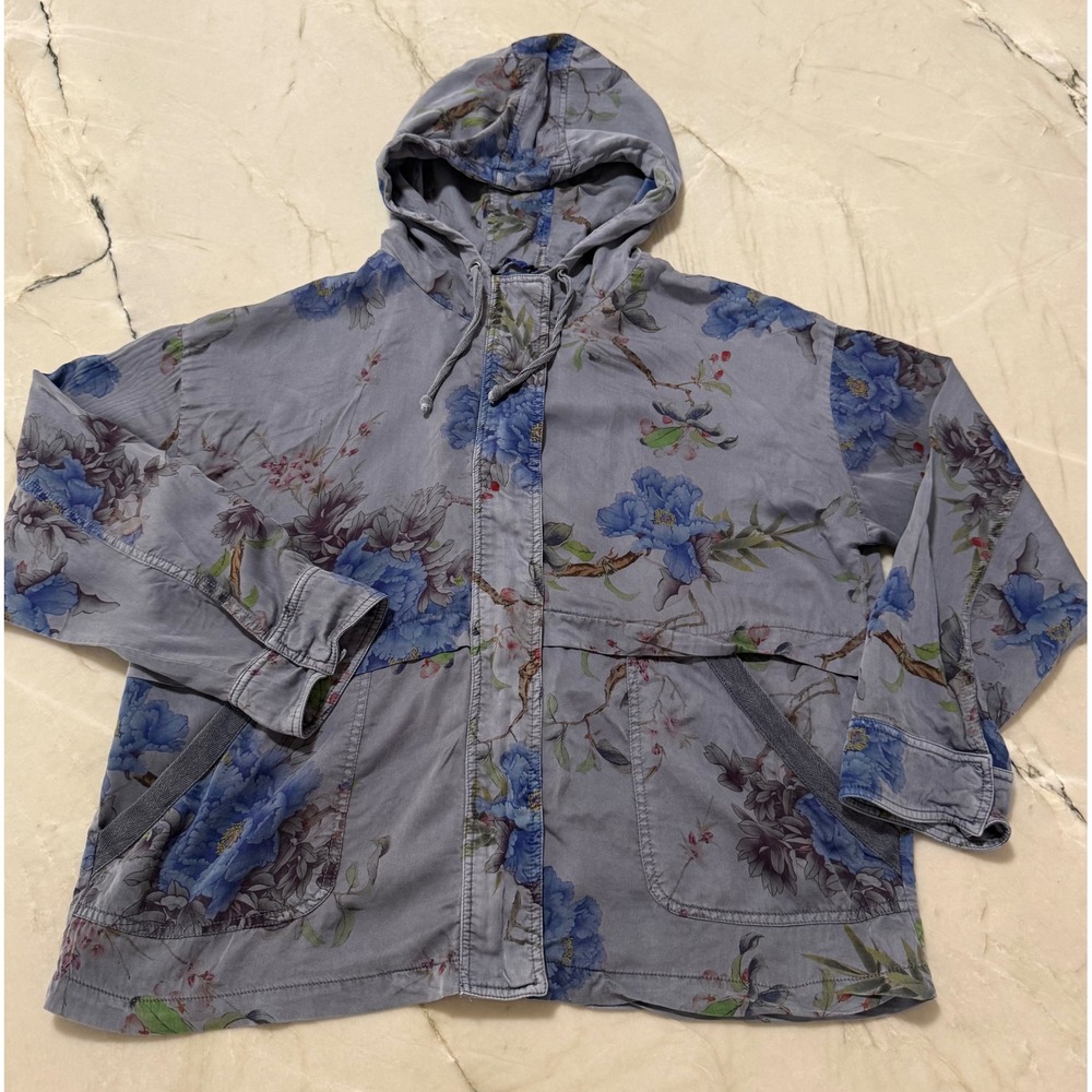 Chicos Floral Hooded Jacket Blue Grey Full Zip Pockets Size 2 US 12/14 L